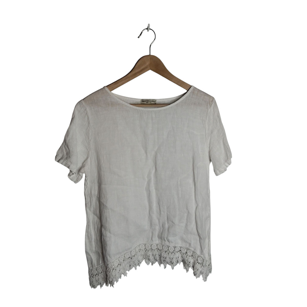 Terzo Millenio Made In Italy Linen White Bohemian Blouse Fringe Crochet L